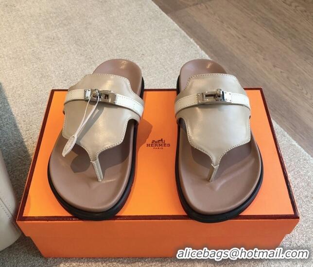 Hot Style Hermes Empire Thong Slide Sandal in Calfskin with Kelly Buckle Grey 703012