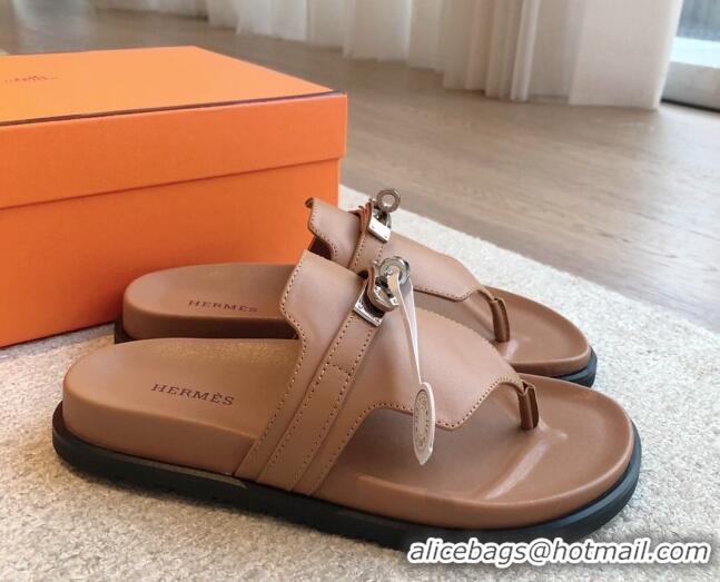 Sophisticated Hermes Empire Thong Slide Sandal in Calfskin with Kelly Buckle Brown 703013