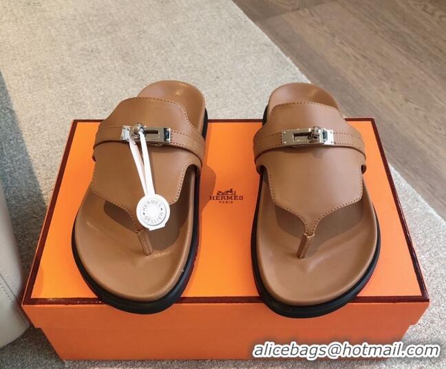 Sophisticated Hermes Empire Thong Slide Sandal in Calfskin with Kelly Buckle Brown 703013