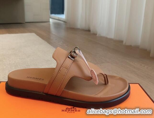 Sophisticated Hermes Empire Thong Slide Sandal in Calfskin with Kelly Buckle Brown 703013