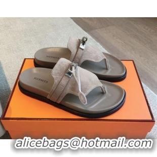 Most Popular Hermes Empire Thong Slide Sandal in Suede with Kelly Buckle Dark Grey 703014