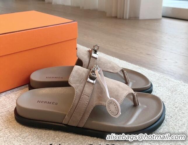 Most Popular Hermes Empire Thong Slide Sandal in Suede with Kelly Buckle Dark Grey 703014