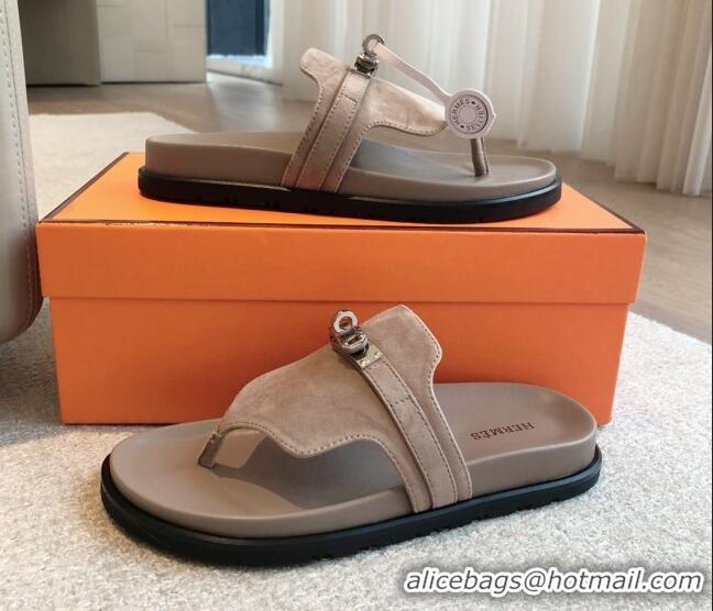 Most Popular Hermes Empire Thong Slide Sandal in Suede with Kelly Buckle Dark Grey 703014