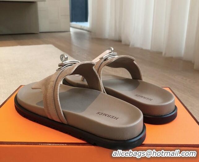 Most Popular Hermes Empire Thong Slide Sandal in Suede with Kelly Buckle Dark Grey 703014