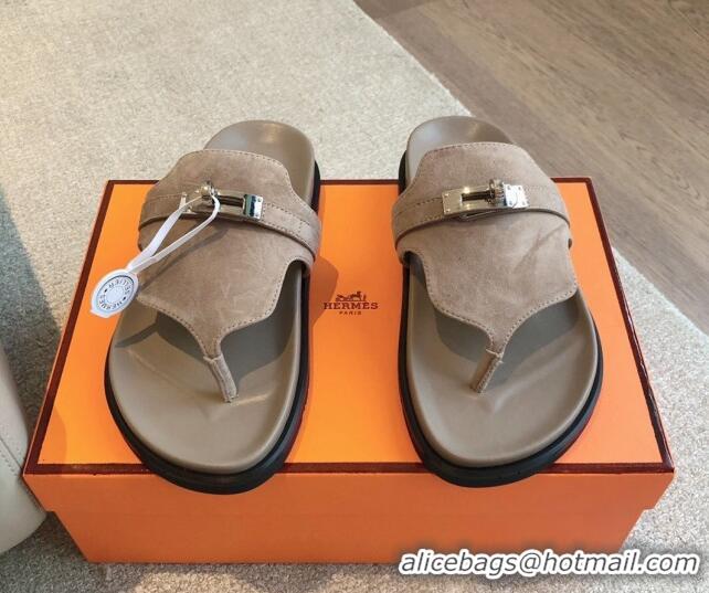 Most Popular Hermes Empire Thong Slide Sandal in Suede with Kelly Buckle Dark Grey 703014