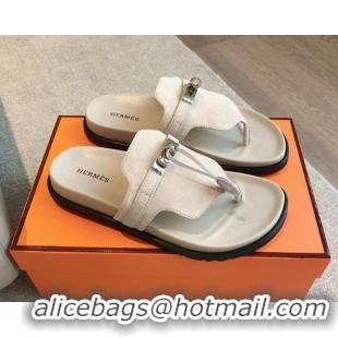 Pretty Style Hermes Empire Thong Slide Sandal in Suede with Kelly Buckle Cream White 703015