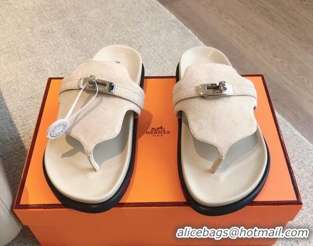 Pretty Style Hermes Empire Thong Slide Sandal in Suede with Kelly Buckle Cream White 703015