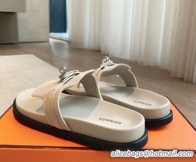 Pretty Style Hermes Empire Thong Slide Sandal in Suede with Kelly Buckle Cream White 703015