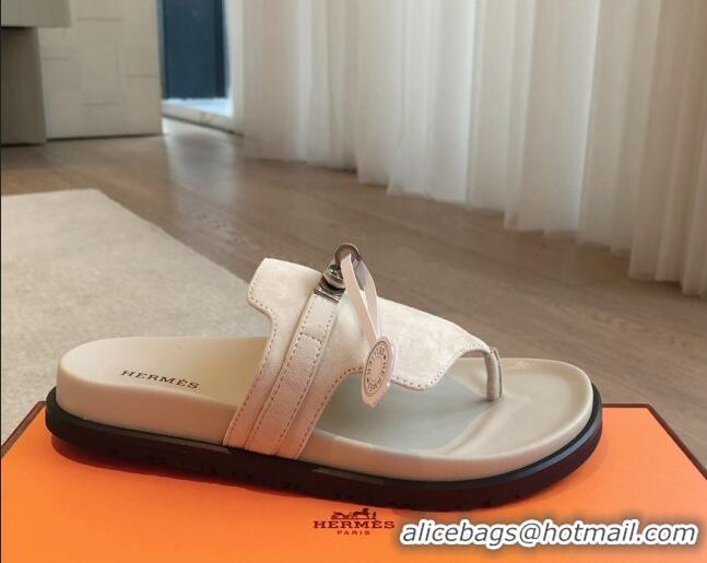 Pretty Style Hermes Empire Thong Slide Sandal in Suede with Kelly Buckle Cream White 703015