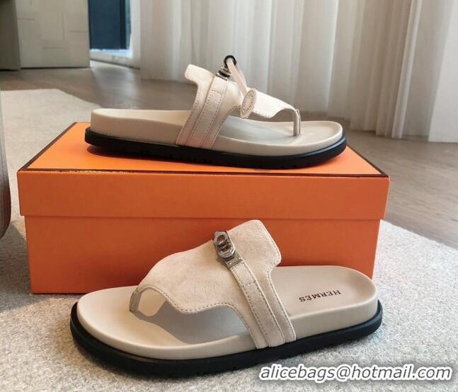 Pretty Style Hermes Empire Thong Slide Sandal in Suede with Kelly Buckle Cream White 703015