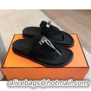 Popular Style Hermes Empire Thong Slide Sandal in Suede with Kelly Buckle Black 703016