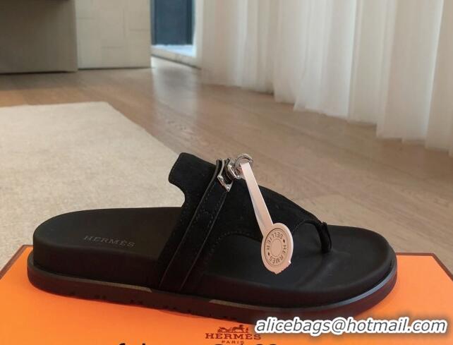 Popular Style Hermes Empire Thong Slide Sandal in Suede with Kelly Buckle Black 703016