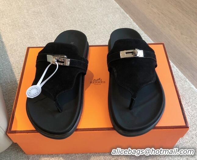 Popular Style Hermes Empire Thong Slide Sandal in Suede with Kelly Buckle Black 703016