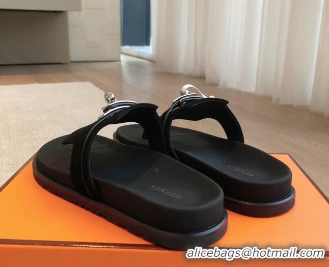 Popular Style Hermes Empire Thong Slide Sandal in Suede with Kelly Buckle Black 703016