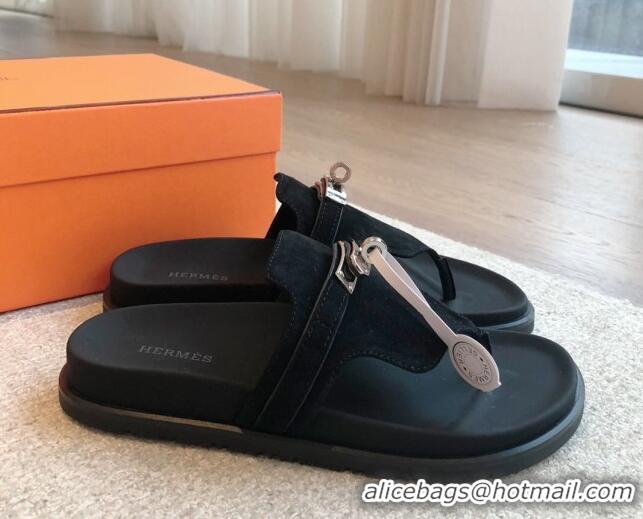 Popular Style Hermes Empire Thong Slide Sandal in Suede with Kelly Buckle Black 703016