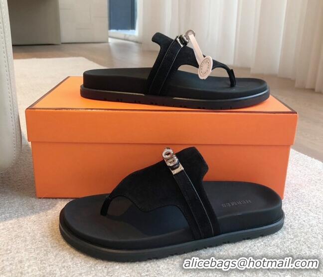 Popular Style Hermes Empire Thong Slide Sandal in Suede with Kelly Buckle Black 703016