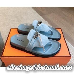 Good Looking Hermes Empire Thong Slide Sandal in Suede with Kelly Buckle Light Blue 703017