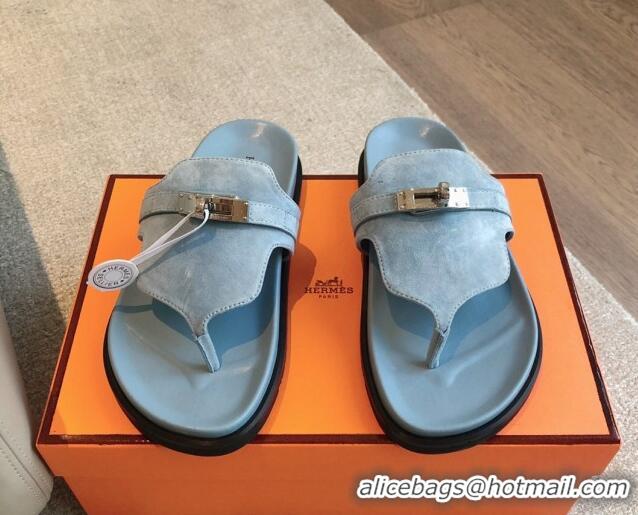 Good Looking Hermes Empire Thong Slide Sandal in Suede with Kelly Buckle Light Blue 703017