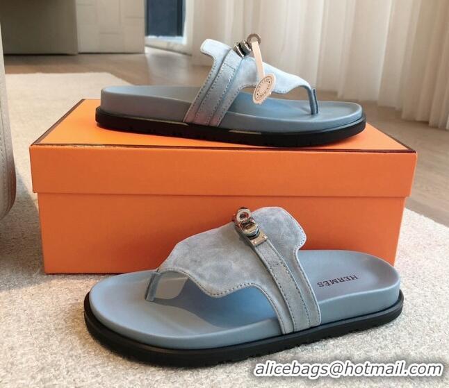 Good Looking Hermes Empire Thong Slide Sandal in Suede with Kelly Buckle Light Blue 703017