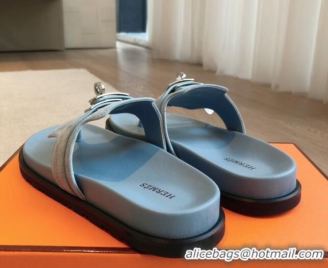 Good Looking Hermes Empire Thong Slide Sandal in Suede with Kelly Buckle Light Blue 703017