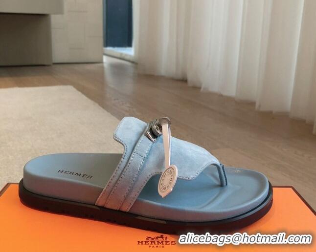 Good Looking Hermes Empire Thong Slide Sandal in Suede with Kelly Buckle Light Blue 703017