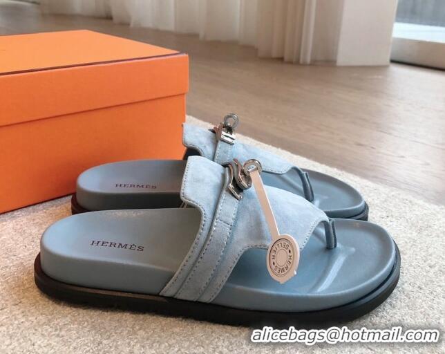 Good Looking Hermes Empire Thong Slide Sandal in Suede with Kelly Buckle Light Blue 703017