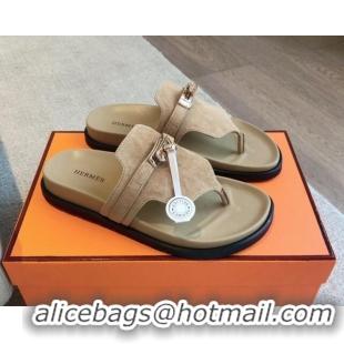 Top Grade Hermes Empire Thong Slide Sandal in Suede with Kelly Buckle Beige 703018