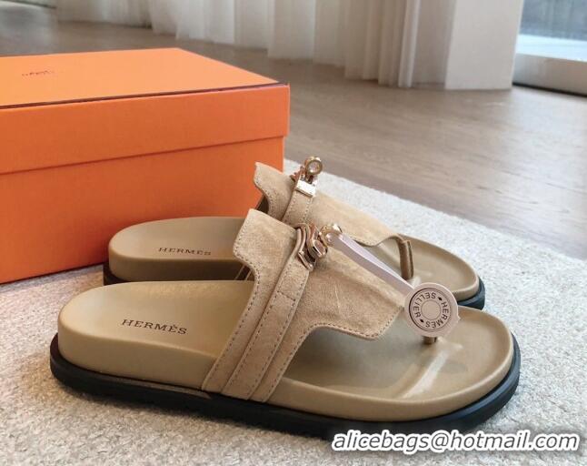 Top Grade Hermes Empire Thong Slide Sandal in Suede with Kelly Buckle Beige 703018