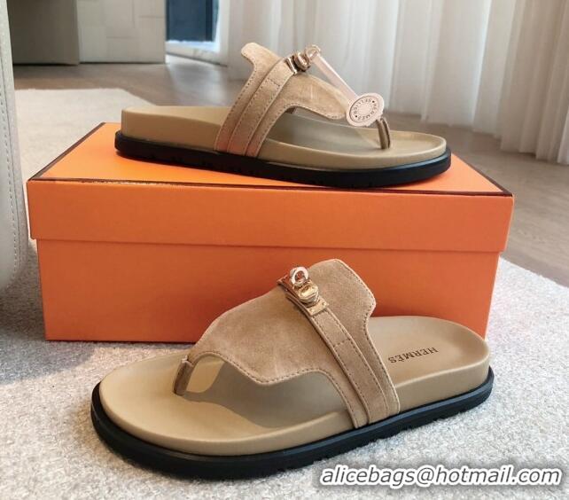 Top Grade Hermes Empire Thong Slide Sandal in Suede with Kelly Buckle Beige 703018