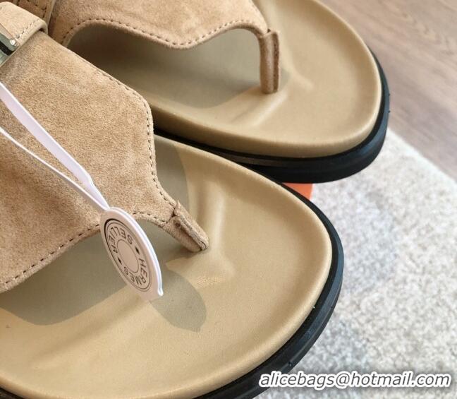 Top Grade Hermes Empire Thong Slide Sandal in Suede with Kelly Buckle Beige 703018