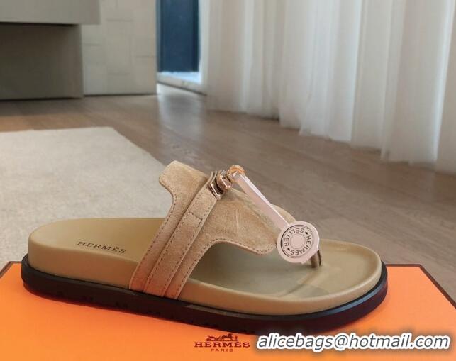 Top Grade Hermes Empire Thong Slide Sandal in Suede with Kelly Buckle Beige 703018