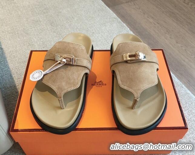 Top Grade Hermes Empire Thong Slide Sandal in Suede with Kelly Buckle Beige 703018