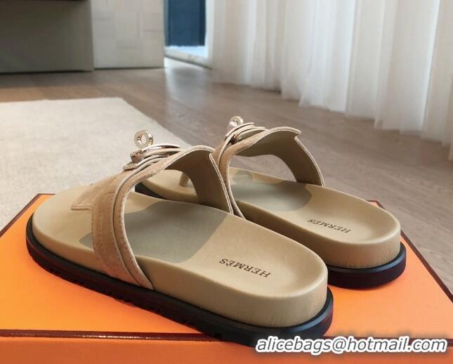 Top Grade Hermes Empire Thong Slide Sandal in Suede with Kelly Buckle Beige 703018