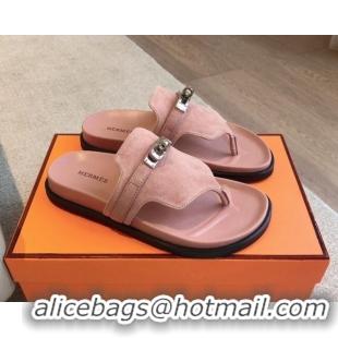 Shop Duplicate Hermes Empire Thong Slide Sandal in Suede with Kelly Buckle Light Pink 703019