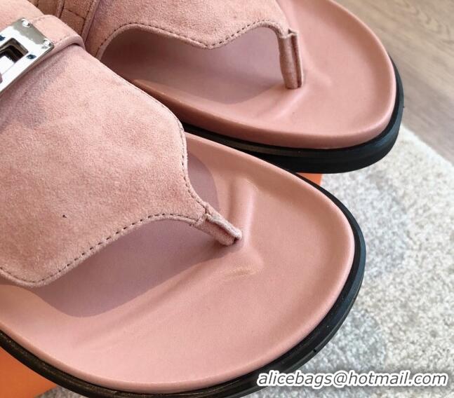 Shop Duplicate Hermes Empire Thong Slide Sandal in Suede with Kelly Buckle Light Pink 703019