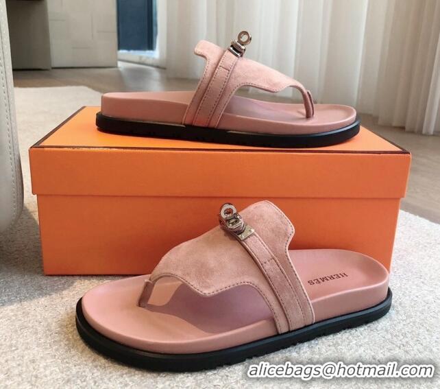 Shop Duplicate Hermes Empire Thong Slide Sandal in Suede with Kelly Buckle Light Pink 703019