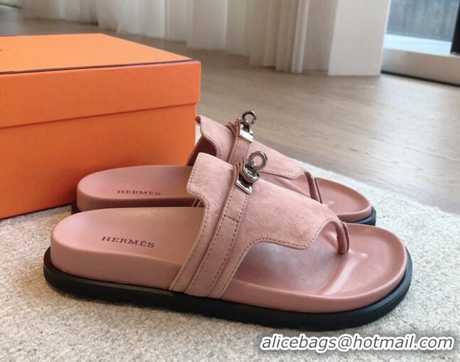 Shop Duplicate Hermes Empire Thong Slide Sandal in Suede with Kelly Buckle Light Pink 703019