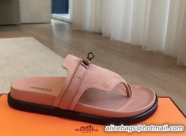 Shop Duplicate Hermes Empire Thong Slide Sandal in Suede with Kelly Buckle Light Pink 703019