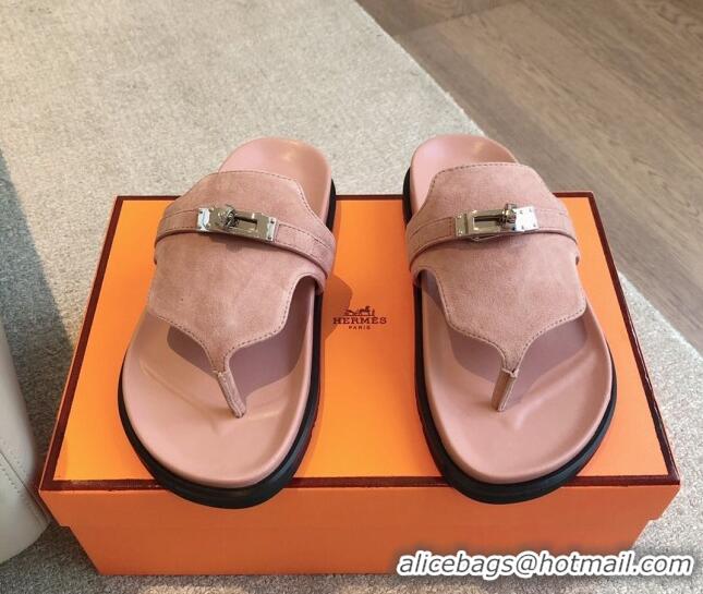 Shop Duplicate Hermes Empire Thong Slide Sandal in Suede with Kelly Buckle Light Pink 703019