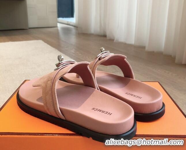 Shop Duplicate Hermes Empire Thong Slide Sandal in Suede with Kelly Buckle Light Pink 703019