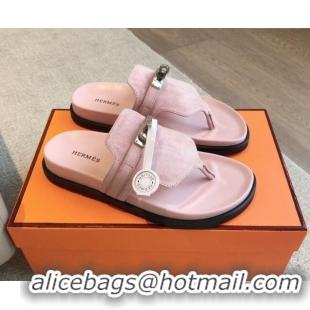 Good Quality Hermes Empire Thong Slide Sandal in Suede with Kelly Buckle Pale Pink 703020