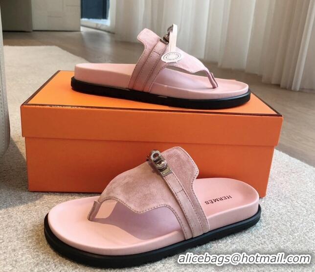 Good Quality Hermes Empire Thong Slide Sandal in Suede with Kelly Buckle Pale Pink 703020