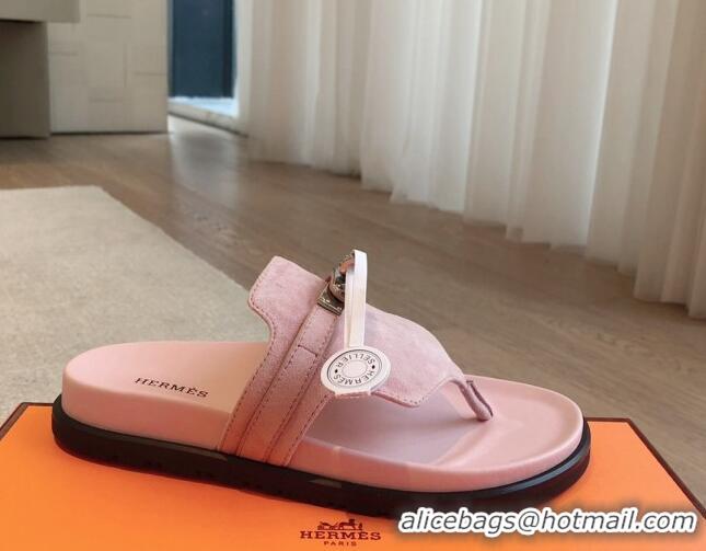 Good Quality Hermes Empire Thong Slide Sandal in Suede with Kelly Buckle Pale Pink 703020