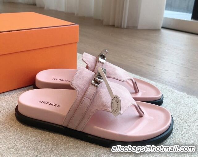 Good Quality Hermes Empire Thong Slide Sandal in Suede with Kelly Buckle Pale Pink 703020