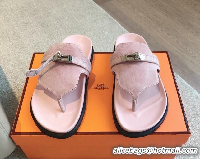 Good Quality Hermes Empire Thong Slide Sandal in Suede with Kelly Buckle Pale Pink 703020