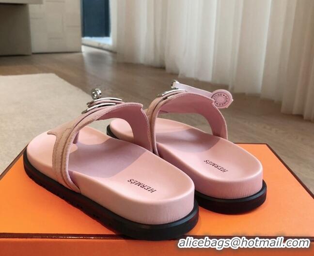 Good Quality Hermes Empire Thong Slide Sandal in Suede with Kelly Buckle Pale Pink 703020