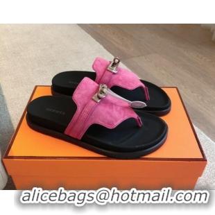 Top Design Hermes Empire Thong Slide Sandal in Suede with Kelly Buckle Dark Pink 703021