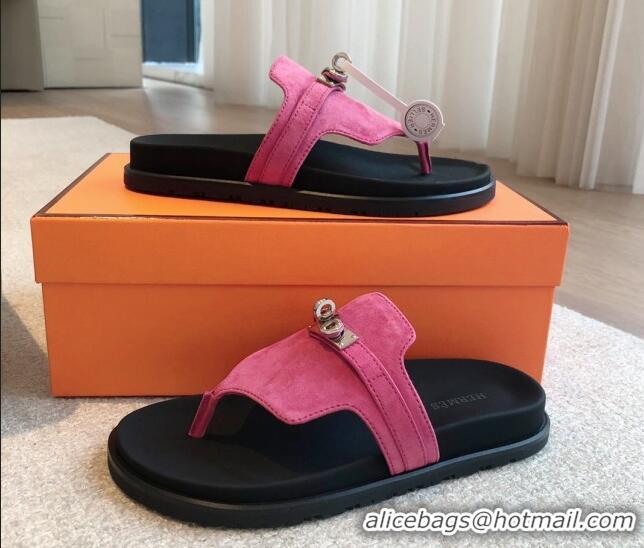 Top Design Hermes Empire Thong Slide Sandal in Suede with Kelly Buckle Dark Pink 703021