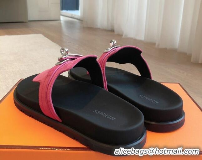 Top Design Hermes Empire Thong Slide Sandal in Suede with Kelly Buckle Dark Pink 703021