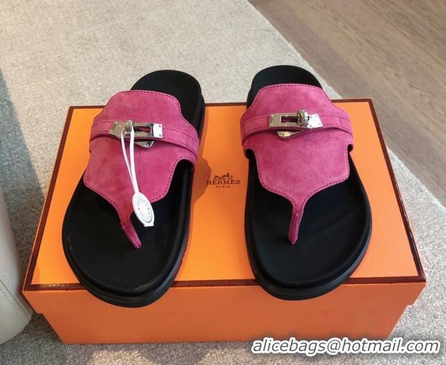 Top Design Hermes Empire Thong Slide Sandal in Suede with Kelly Buckle Dark Pink 703021